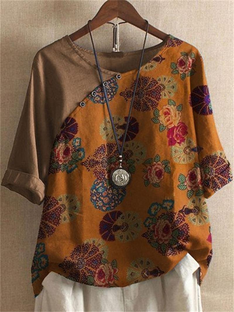 Adoria - Boho Floral Print Blouse with Button