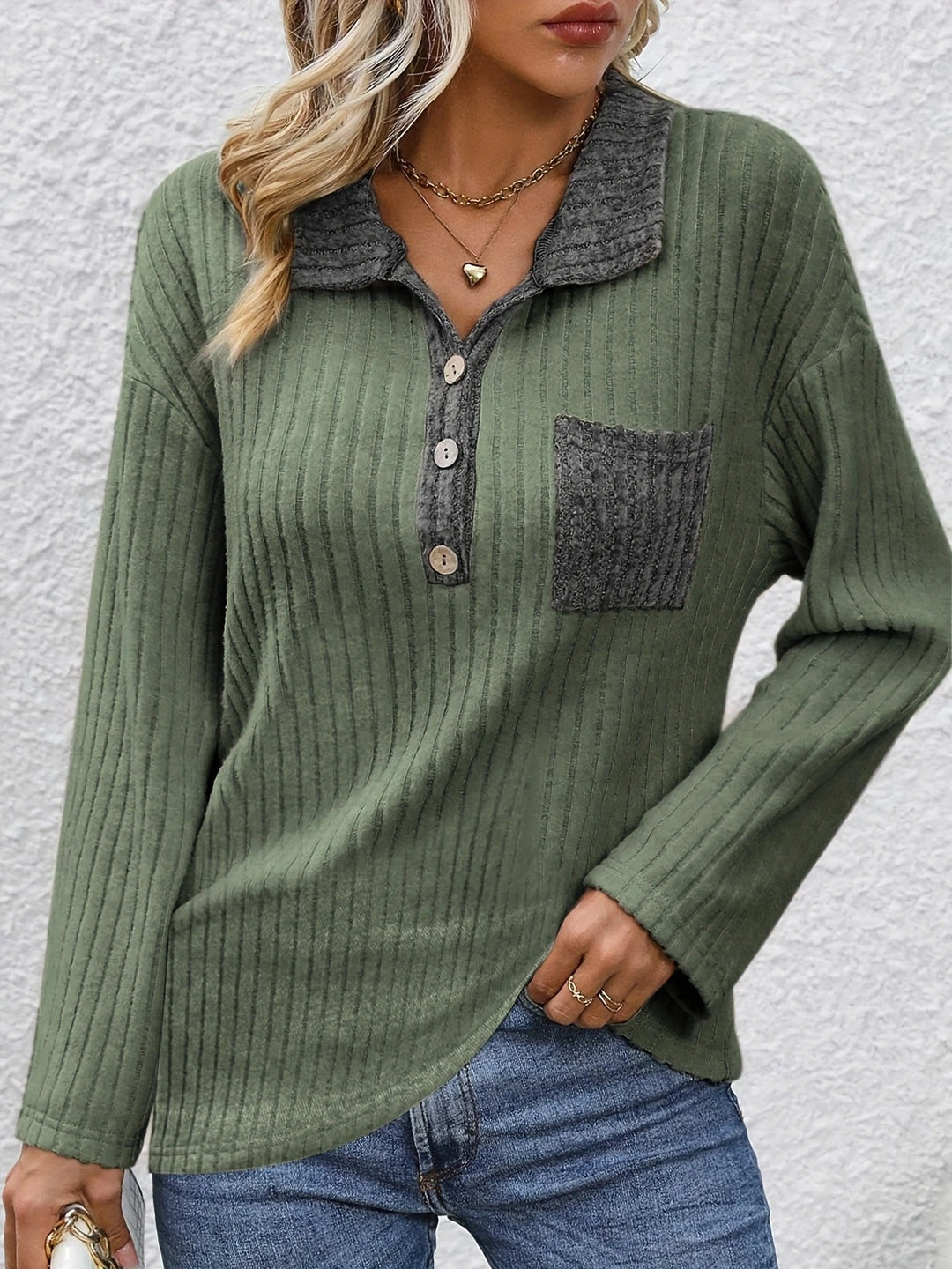 Yanna - Fashion Pit Stripe Polo Collar Button Top