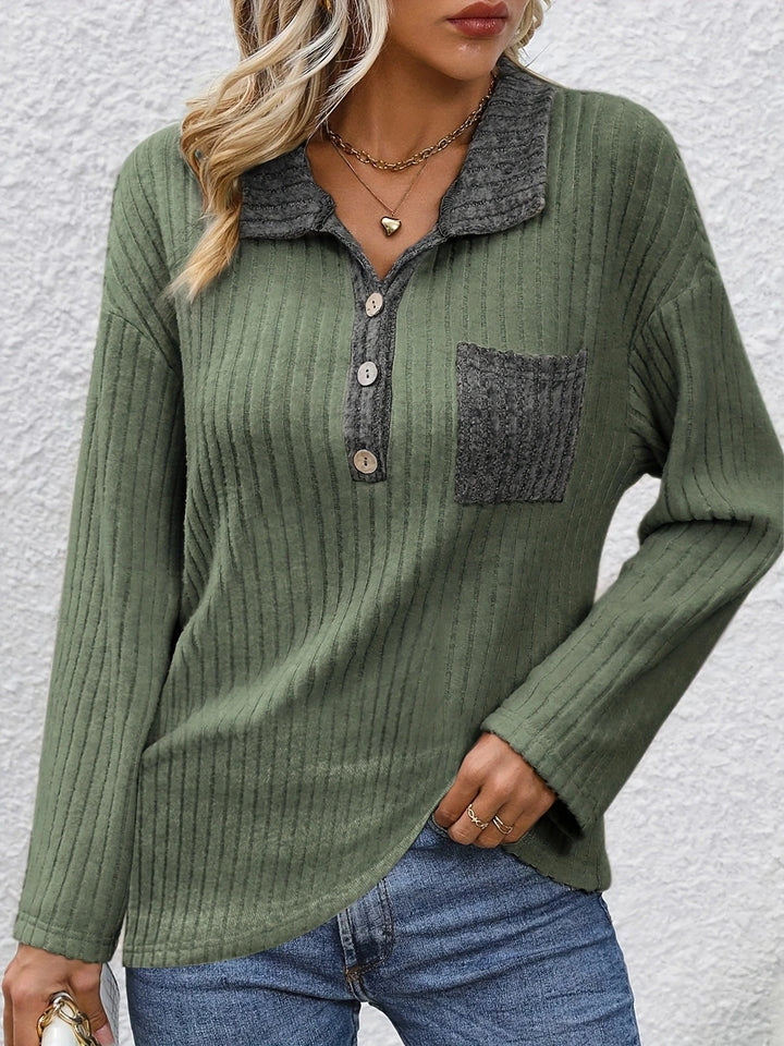 Yanna - Fashion Pit Stripe Polo Collar Button Top