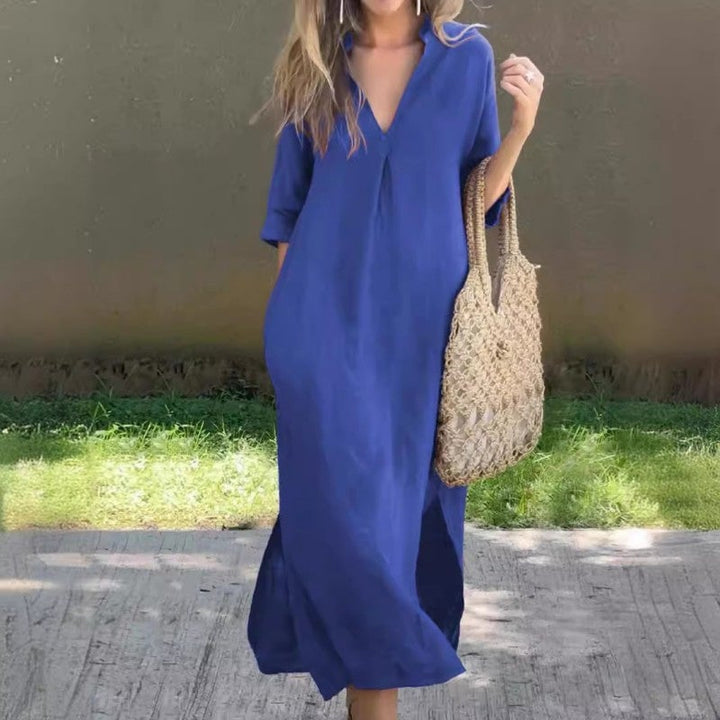 Fionja - Linen Casual Style V-Neck Dress