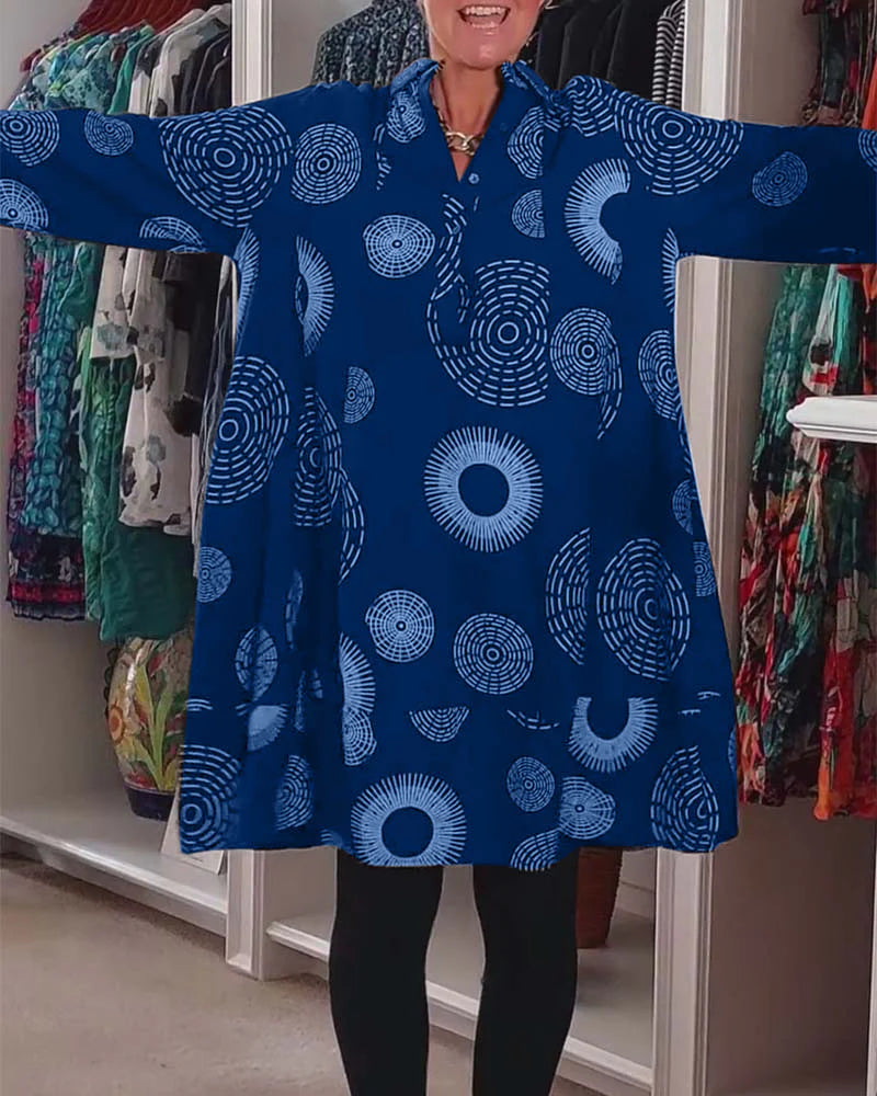 Marina - Long Sleeve Shirt Dress with Circular Print