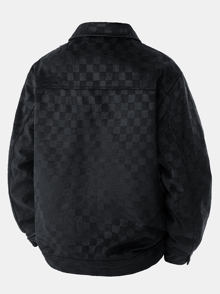 Leander - Checkerboard Print Faux Suede Pocket Jacket
