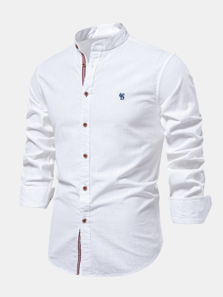 Mathias - Long Sleeve Linen Shirt With Stand Up Collar