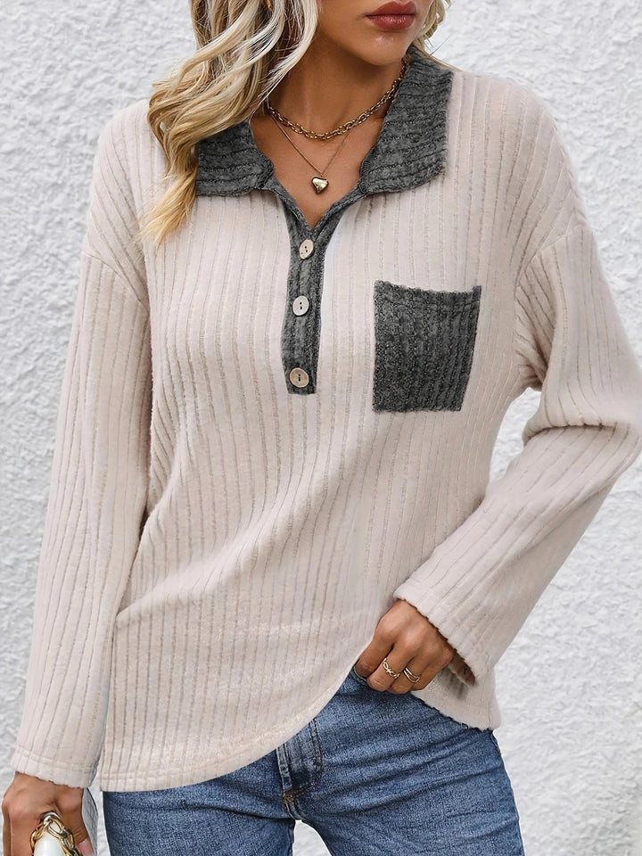 Yanna - Fashion Pit Stripe Polo Collar Button Top