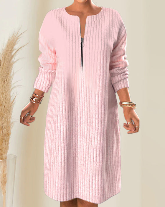 Nalea - Solid Color Dress With Zipper