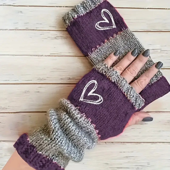 Eirlys - Knitted Fingerless Gloves With Heart Motif