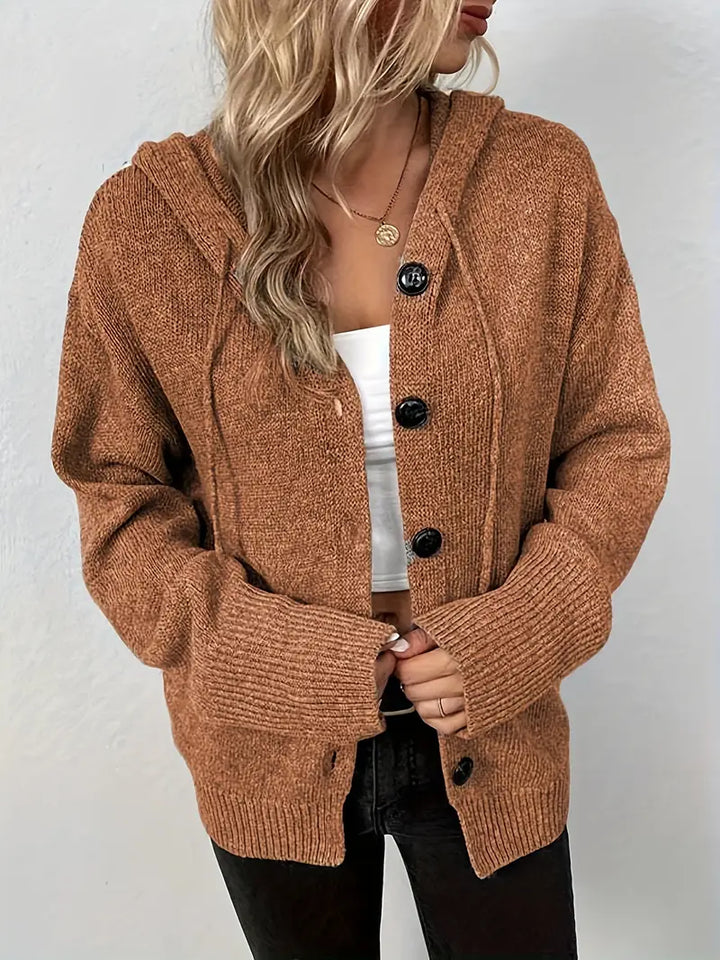 Suthida - Elegant Long Sleeve Hooded Sweater With Button