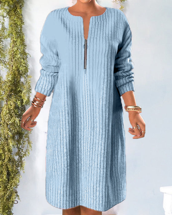 Nalea - Solid Color Dress With Zipper