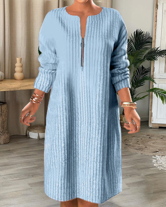 Nalea - Solid Color Dress With Zipper