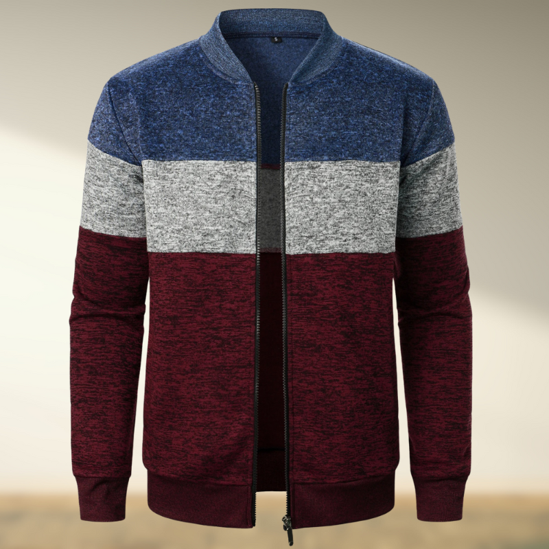 Yemi - Stand up Collar Striped Zipper Sweater