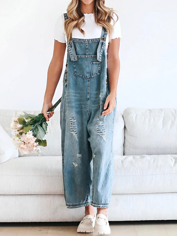 Clarice - Loose Fit Distressed Denim Overalls