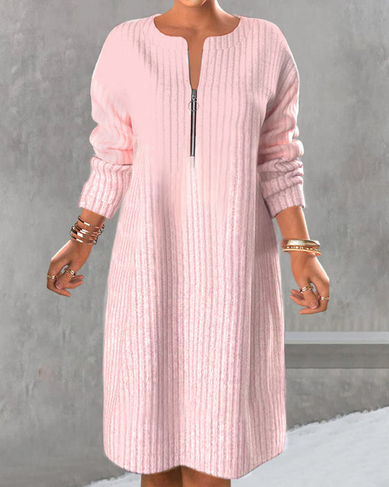 Nalea - Solid Color Dress With Zipper