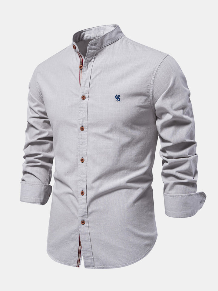 Mathias - Long Sleeve Linen Shirt With Stand Up Collar
