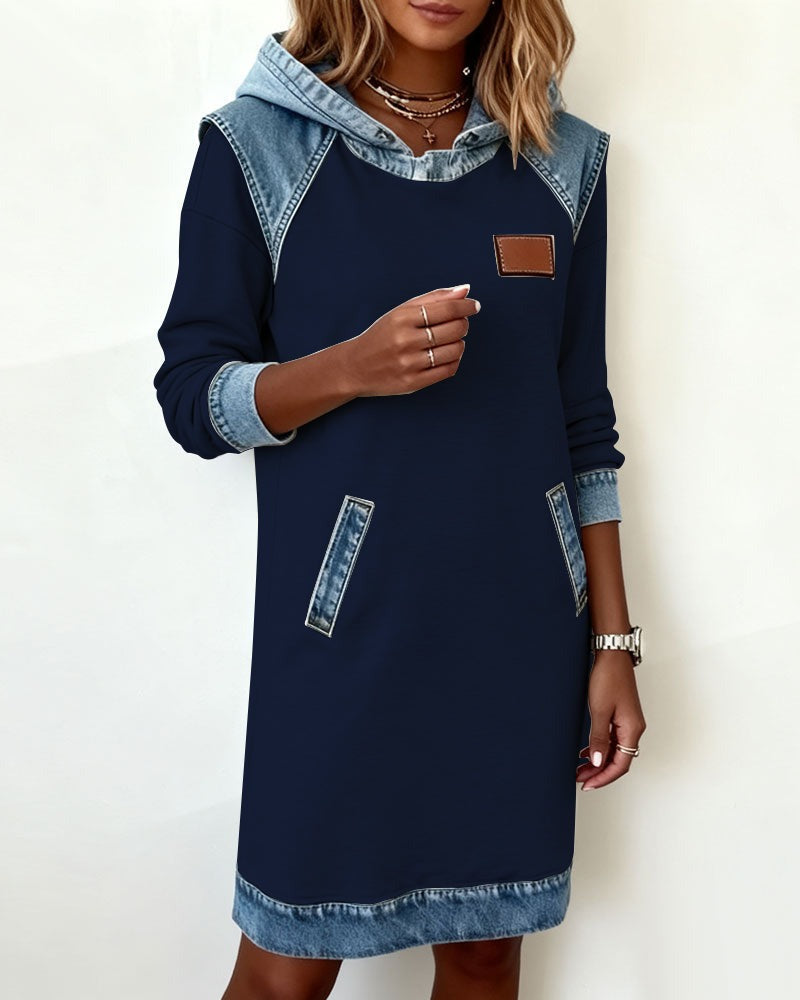 Viktoria - Casual Hooded Denim Insert Dress