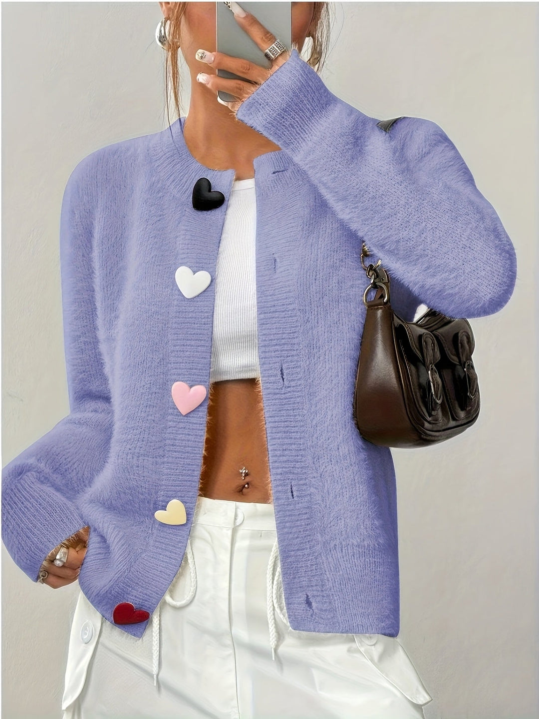 Smelissa - Heart Button Long Sleeve Knitted Cardigan