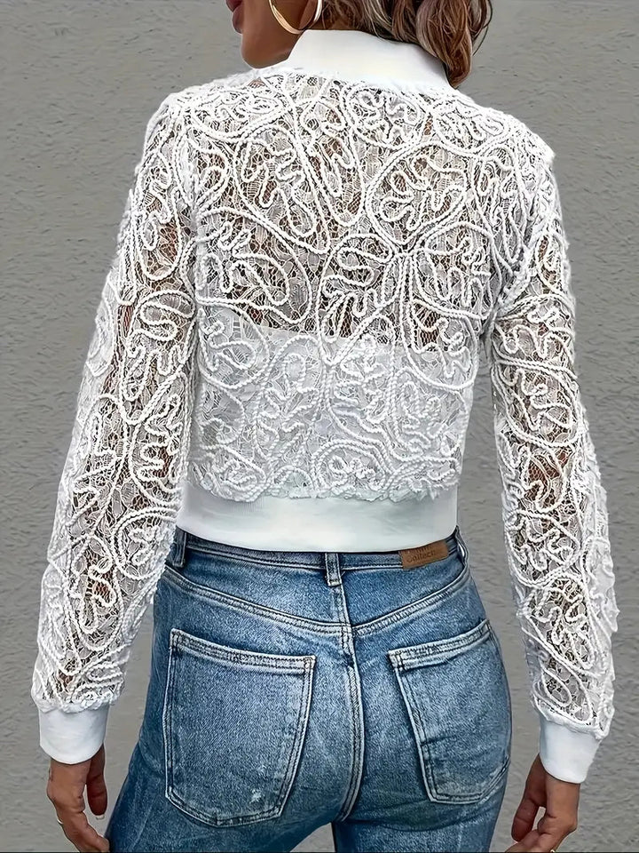 Andrina - Elegant Lace And Zip Up Crop Jacket