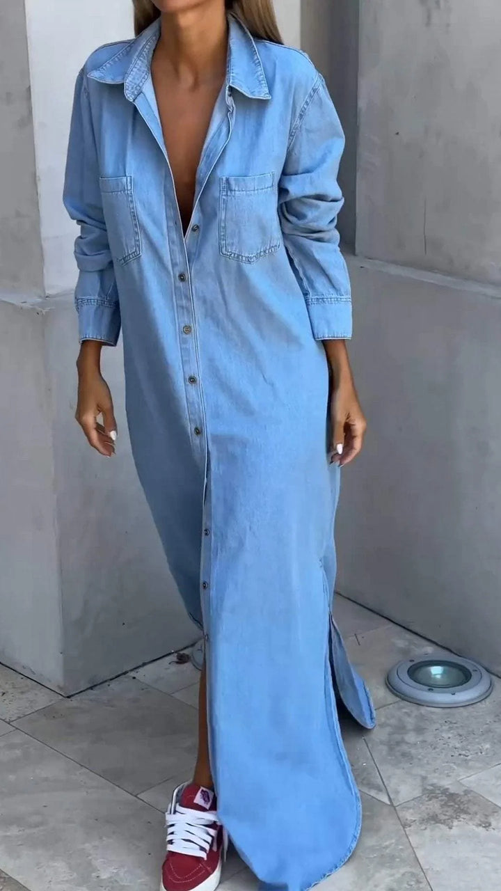 Vallina - Denim Long Sleeves Dress With Lapel