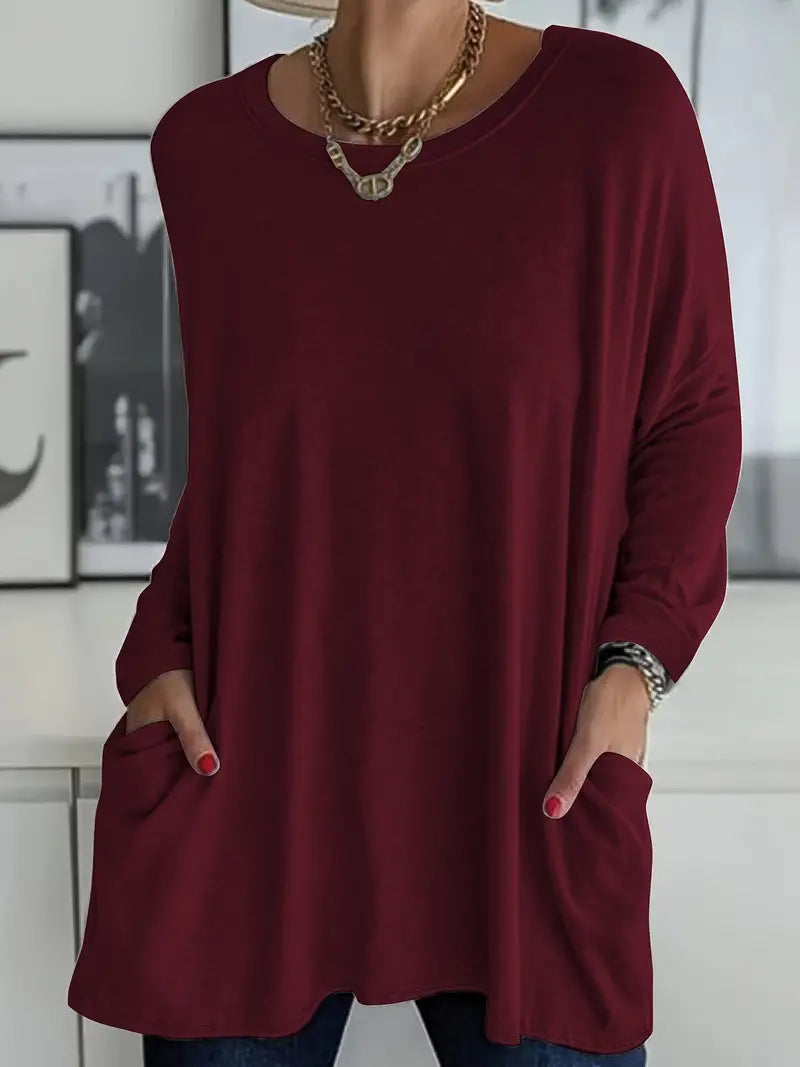 Dorine - Round Neck Tunic Top with Pockets