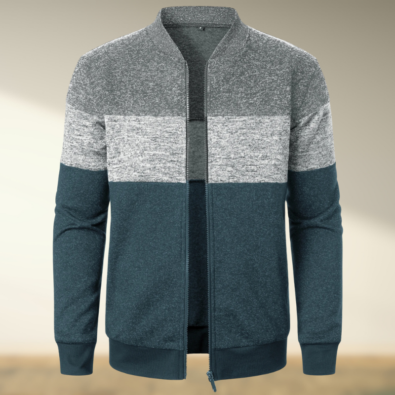 Yemi - Stand up Collar Striped Zipper Sweater