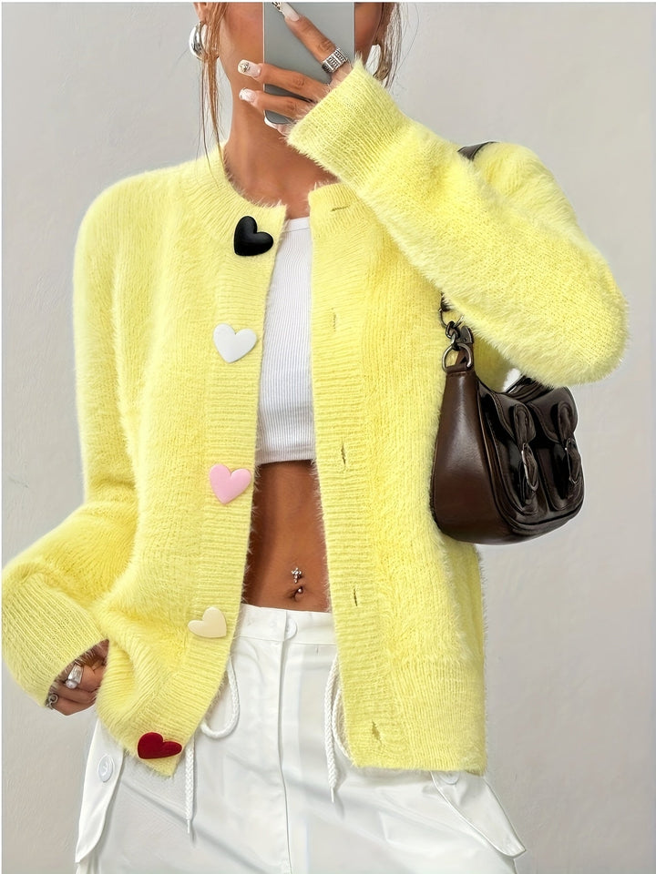 Smelissa - Heart Button Long Sleeve Knitted Cardigan