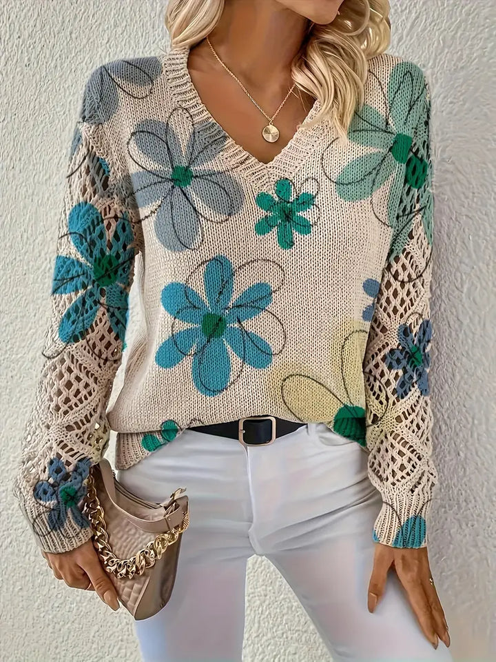Marzena - Elegant Long Sleeve Sweater With Floral Print