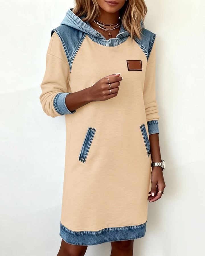 Viktoria - Casual Hooded Denim Insert Dress