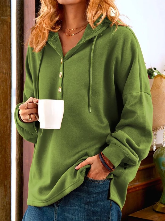 Wanja - Vintage Solid Color Long Sleeve Buttoned Sweatshirt