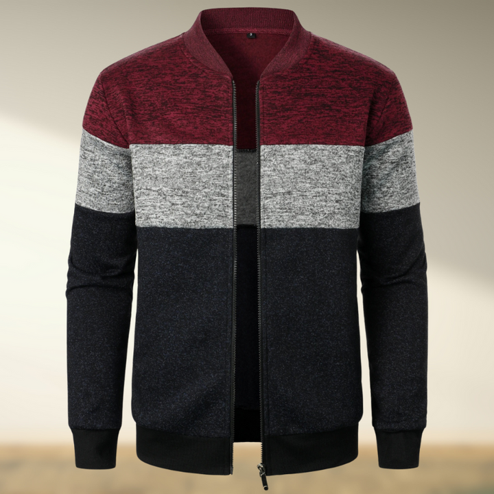Yemi - Stand up Collar Striped Zipper Sweater