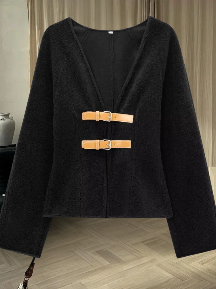 Larisa - Retro Leather Buckle Woolen Coat