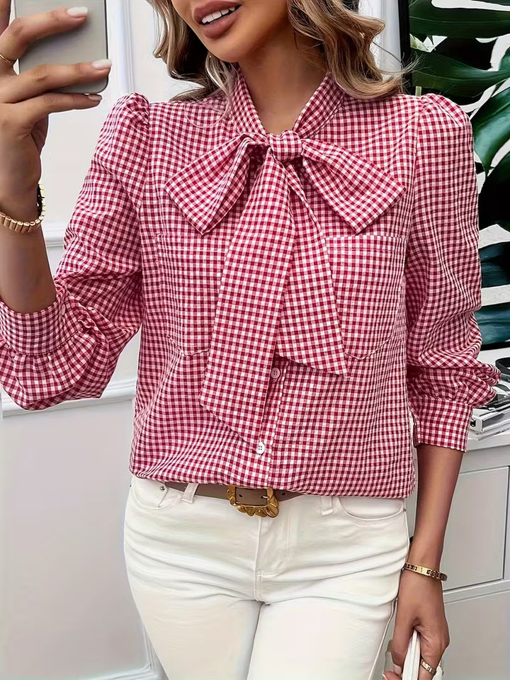 Meella - Elegant Gingham Check Bow Tie Blouse