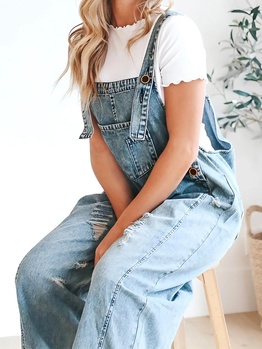 Clarice - Loose Fit Distressed Denim Overalls