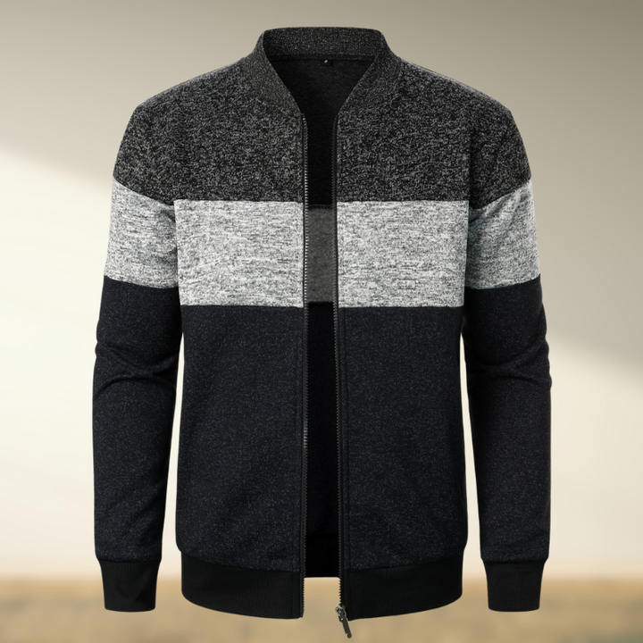 Yemi - Stand up Collar Striped Zipper Sweater