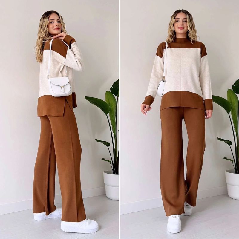 Wenja - Round Neck Top and Wide Leg Trousers 2 Piece Set