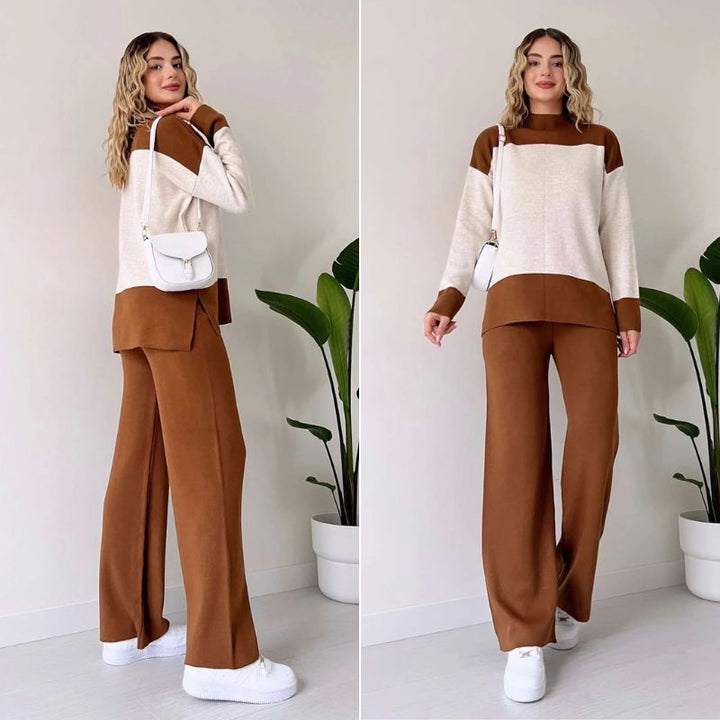 Wenja - Round Neck Top and Wide Leg Trousers 2 Piece Set