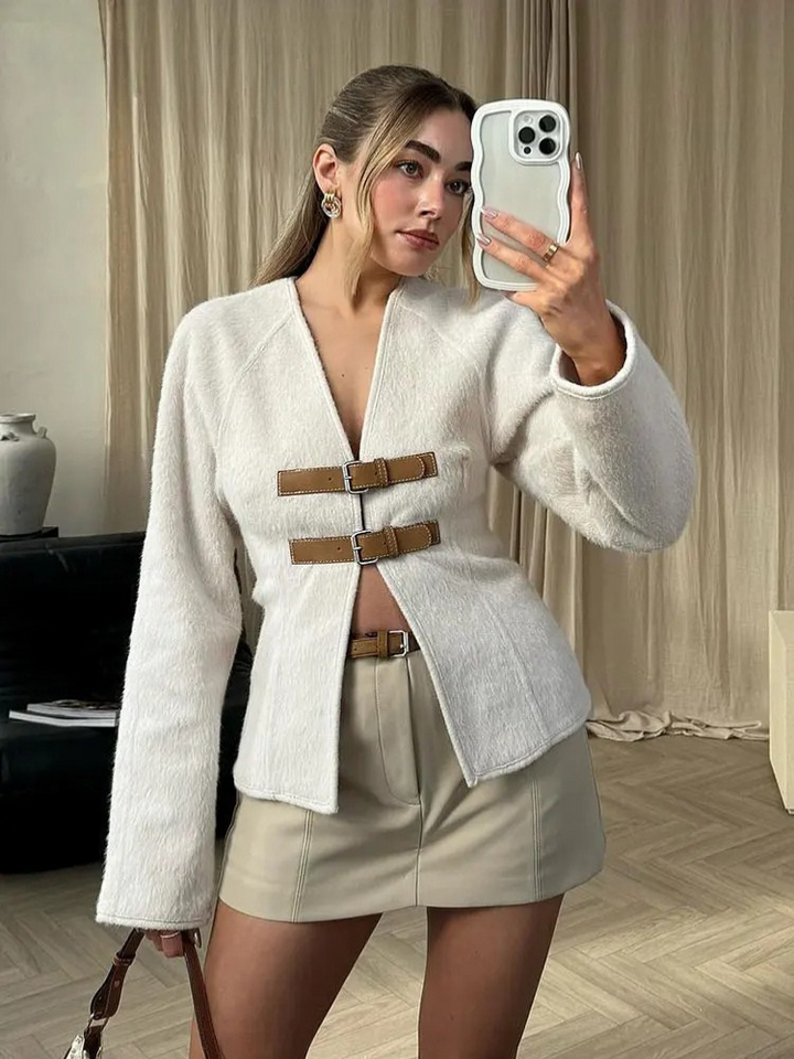 Larisa - Retro Leather Buckle Woolen Coat