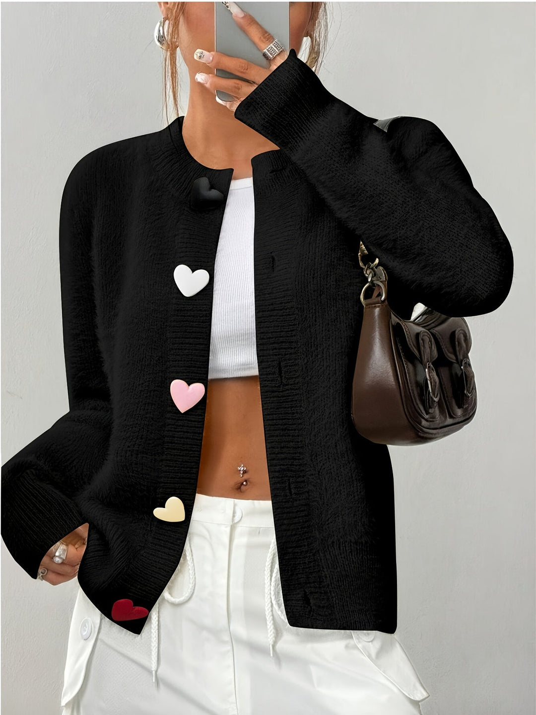 Smelissa - Heart Button Long Sleeve Knitted Cardigan