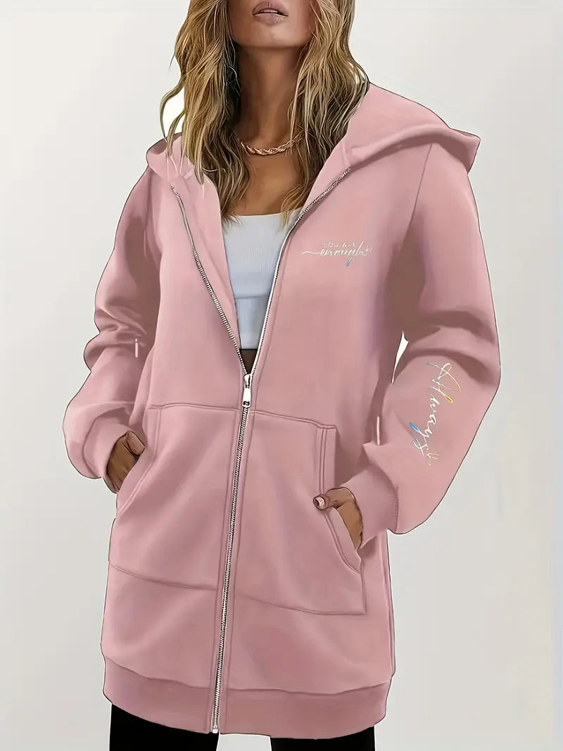 Angeleen - Geometric Print Zip-Up Hooded Jacket