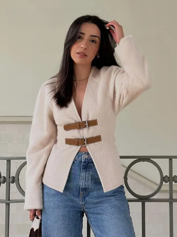 Larisa - Retro Leather Buckle Woolen Coat