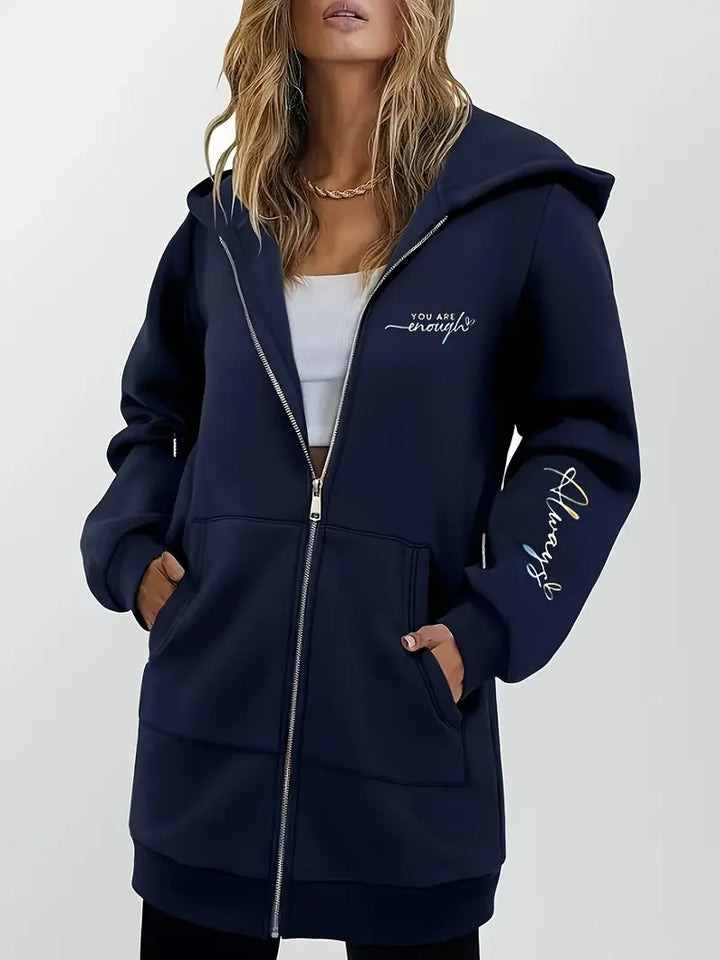 Angeleen - Geometric Print Zip-Up Hooded Jacket