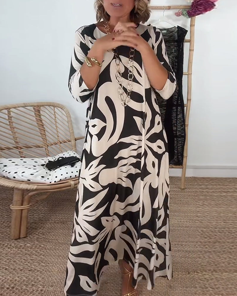 Halina - Round Neck And Long Sleeves With Print Dress
