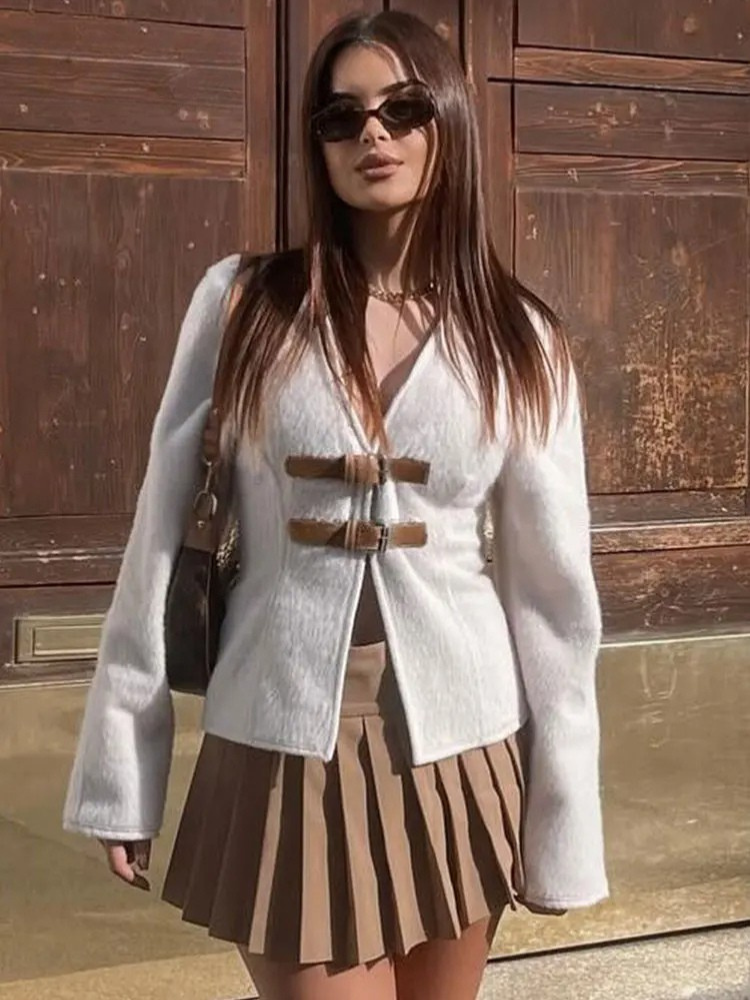 Larisa - Retro Leather Buckle Woolen Coat