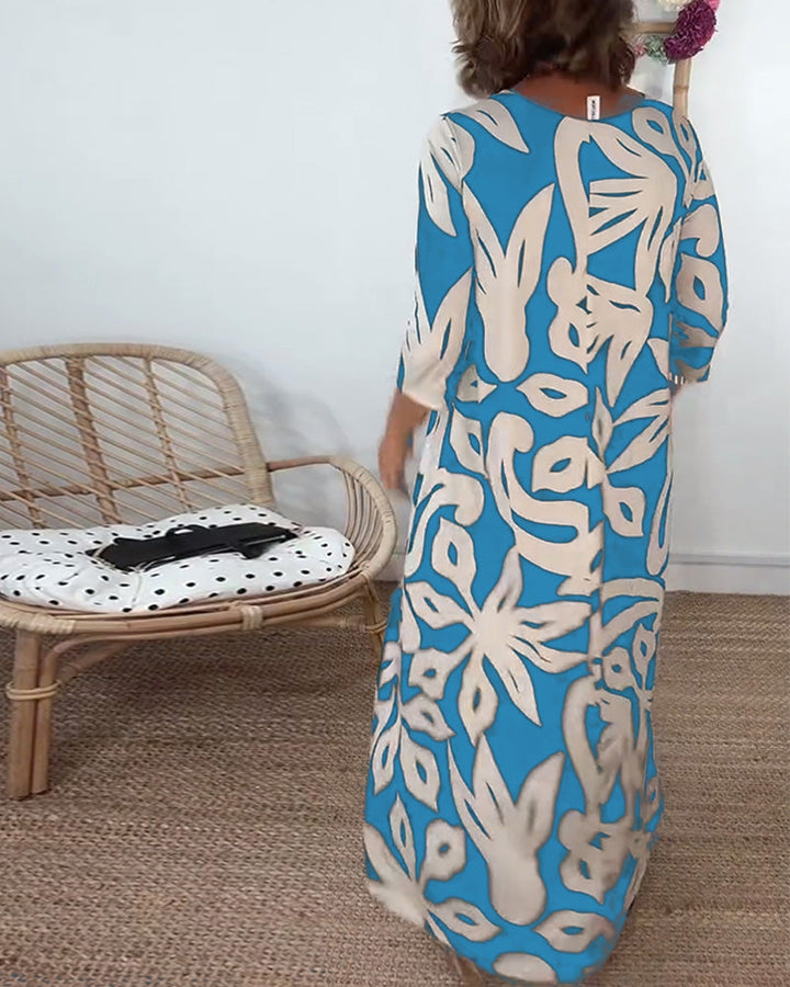 Halina - Round Neck And Long Sleeves With Print Dress