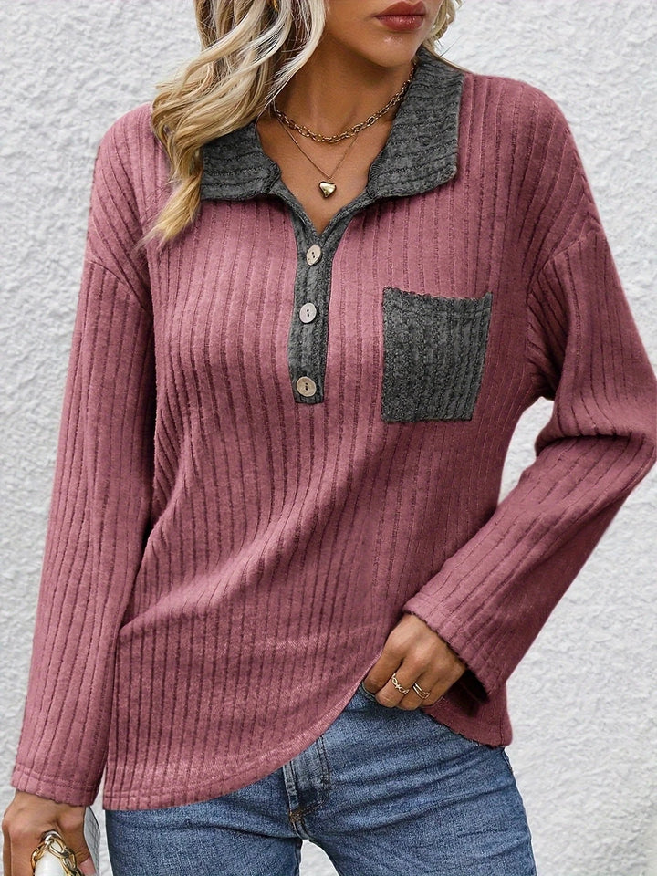 Yanna - Fashion Pit Stripe Polo Collar Button Top