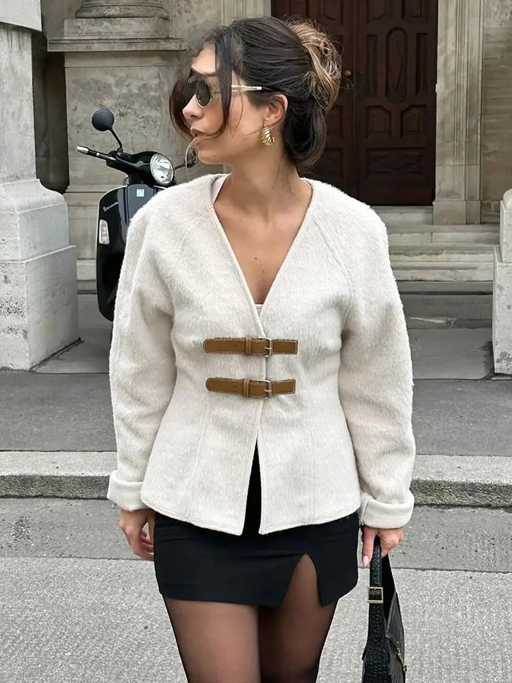 Larisa - Retro Leather Buckle Woolen Coat
