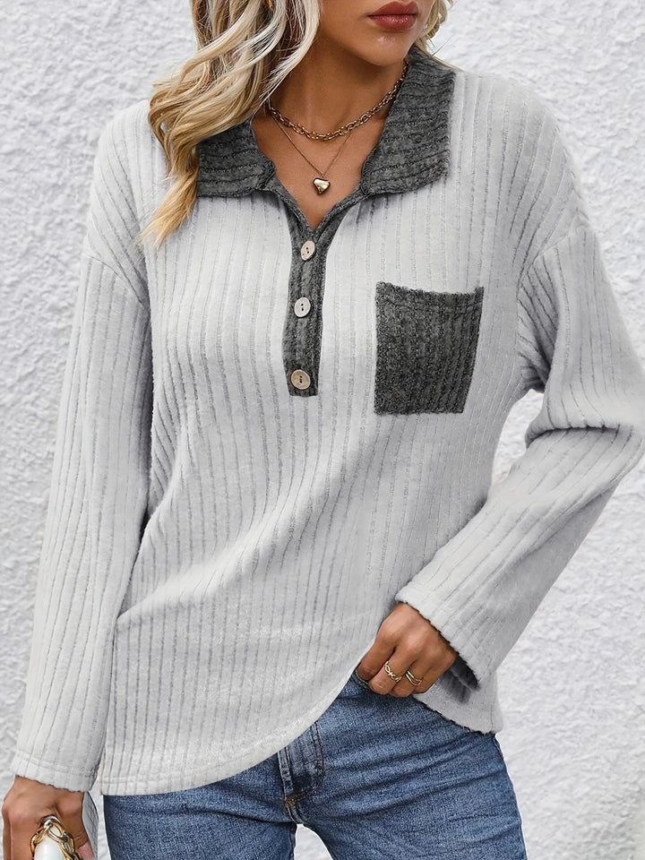 Yanna - Fashion Pit Stripe Polo Collar Button Top
