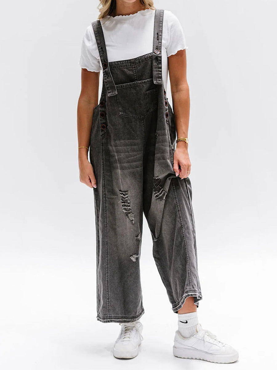 Clarice - Loose Fit Distressed Denim Overalls