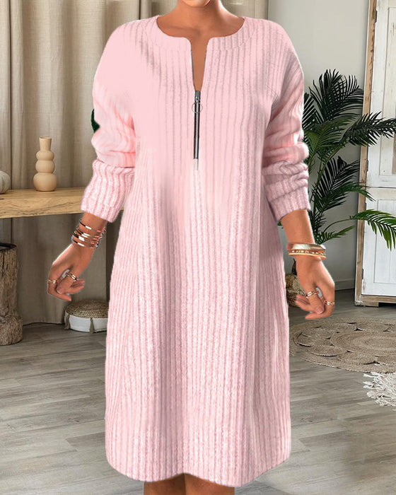 Nalea - Solid Color Dress With Zipper