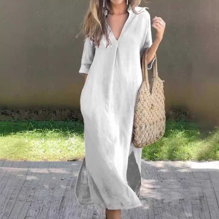 Fionja - Linen Casual Style V-Neck Dress