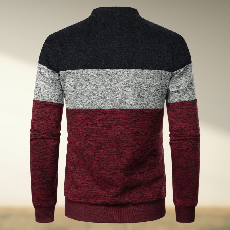 Yemi - Stand up Collar Striped Zipper Sweater