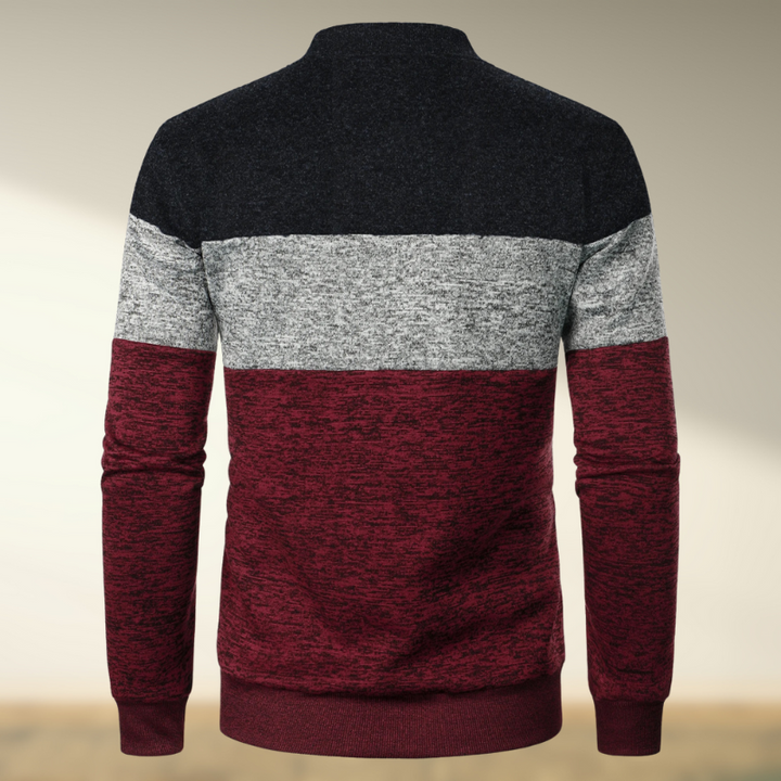 Yemi - Stand up Collar Striped Zipper Sweater